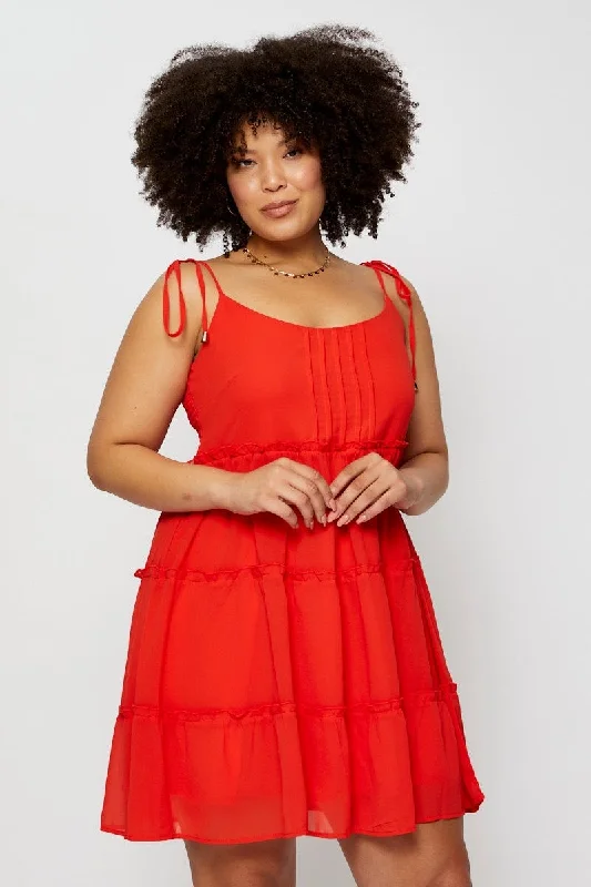 Party Dresses with Embroidered Party Animals and Colorful Sequins for Ladies' Themed Party FunRed Skater Dress Square Neck Sleeveless Tie