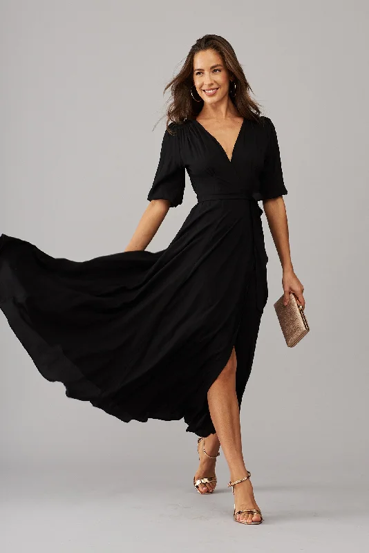 Party Dresses with Pleated Skirts and Lace Overlay for Ladies' Feminine and Timeless LookRonda Maxi Wrap Dress In Black