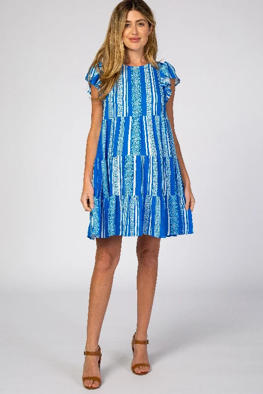Dresses with Sequined Geometric Shapes and Lace and Chiffon Blend and Ruffled Sleeves for Ladies' Modern and Dramatic LookRoyal Blue Multi-Printed Tiered Maternity Dress Dresses with Sequined Geometric Shapes and Lace and Chiffon Blend and Ruffled Sleeves for Ladies' Modern and Dramatic LookRoyal Blue Multi-Printed Tiered Maternity Dress