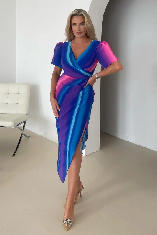 Party Dresses with Embroidered Tribal Patterns and Satin Sash and Beaded Waistband for Ladies' Cultural and Glamorous LookRupi Statement Sleeves Wrap Dress Blue