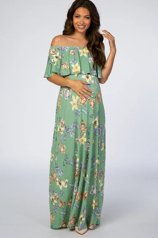Dresses with Sequined Floral Motifs for Ladies' Elegant and Delicate LookSage Floral Off Shoulder Maternity Maxi Dress Dresses with Sequined Floral Motifs for Ladies' Elegant and Delicate LookSage Floral Off Shoulder Maternity Maxi Dress