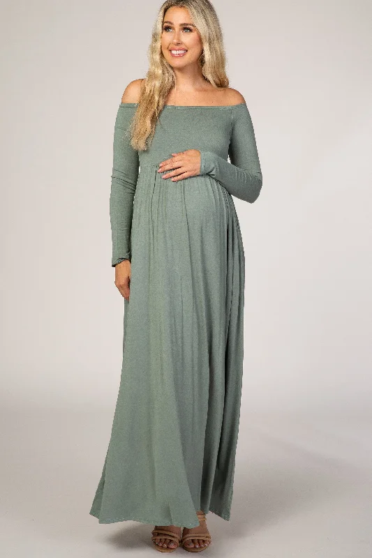 Satin Dresses with Embroidered Bodice for Ladies' Timeless LookSage Off Shoulder Long Sleeve Maternity Maxi Dress Satin Dresses with Embroidered Bodice for Ladies' Timeless LookSage Off Shoulder Long Sleeve Maternity Maxi Dress