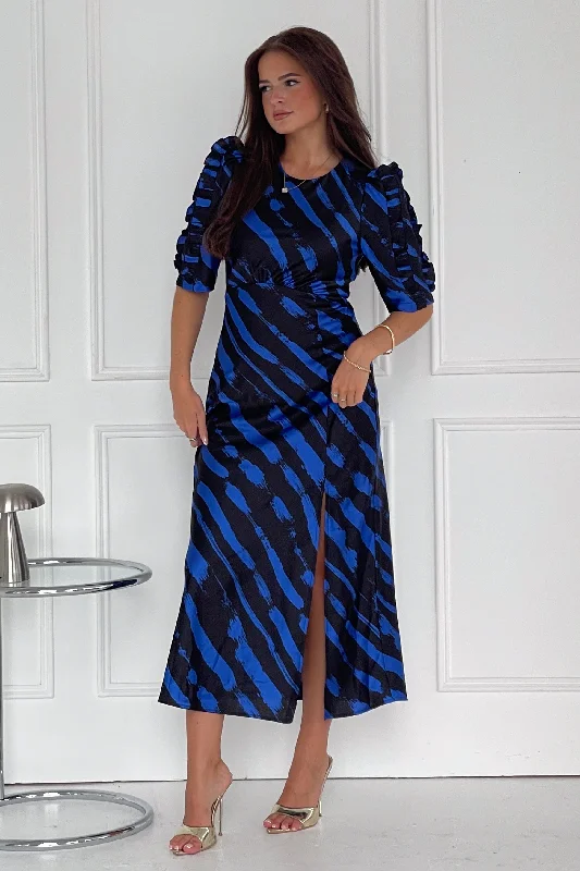 Midi dress for casual outings like hanging out with friendsSamira Cobalt Print Frill Sleeve Midi Dress Midi dress for casual outings like hanging out with friendsSamira Cobalt Print Frill Sleeve Midi Dress