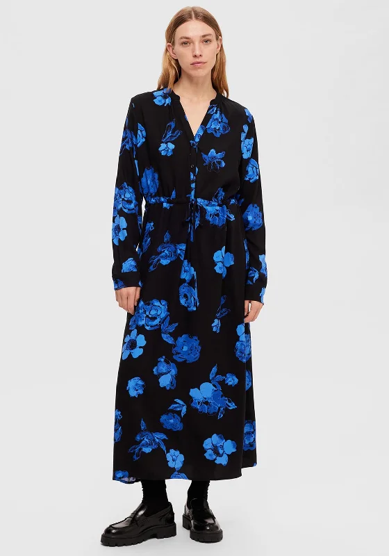 Party Dresses with Metallic Studs and Leather Trim for Ladies' Edgy and Rocker LookSelected Femme Katrina Floral Print Maxi Dress, Blue & Black