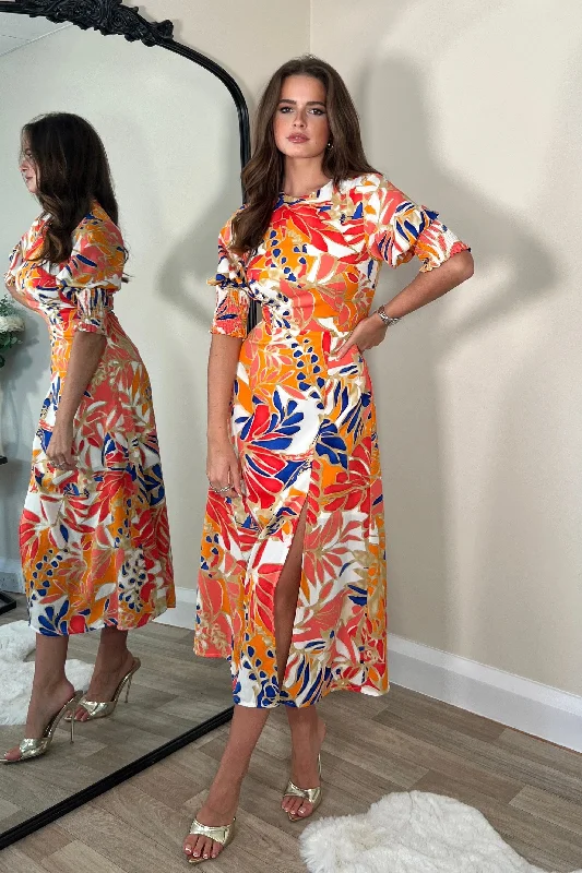90s - inspired grunge midi dress with a casual and edgy lookShayla Orange Shirred Cuff Midi Dress 90s - inspired grunge midi dress with a casual and edgy lookShayla Orange Shirred Cuff Midi Dress