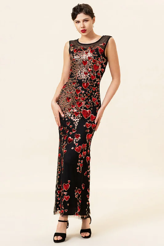 Party Dresses with Sheer Sleeve and Sequined Cuffs and Bow at the Waist and Embroidered Skirt for Ladies' Elegant and Intricate LookSheath Round Neck Black Red Love Heart Beaded Long Flapper 1920s Dress
