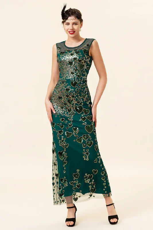 Mesh Paneled Party Dresses with Beaded Appliques for Ladies' Modern EdgeSheath Round Neck Dark Green Love Heart Beaded Gatsby 1920s Dress