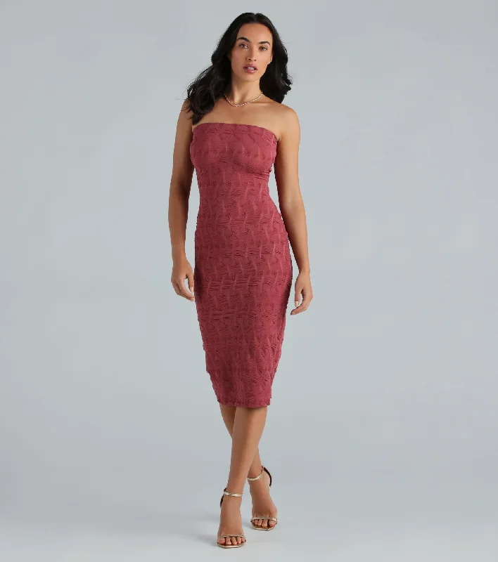 Long - train midi dress for a formal and dramatic lookShe's All That Strapless Midi Dress