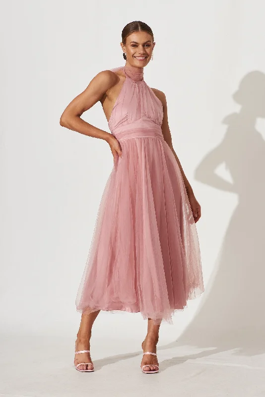 Geometric - pattern midi dress for a modern and stylish appearanceSkyfall Halter Neck Midi Dress In Blush Tulle Geometric - pattern midi dress for a modern and stylish appearanceSkyfall Halter Neck Midi Dress In Blush Tulle