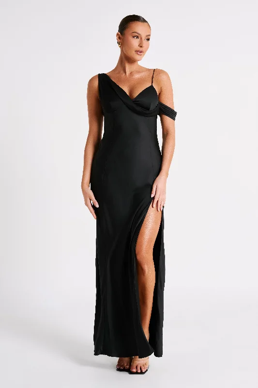 Party Dresses with Satin and Lace Trimmed Neckline and Ruffled Sleeves for Ladies' Sophisticated and Girly LookSoleil Satin Off Shoulder Maxi Dress - Black