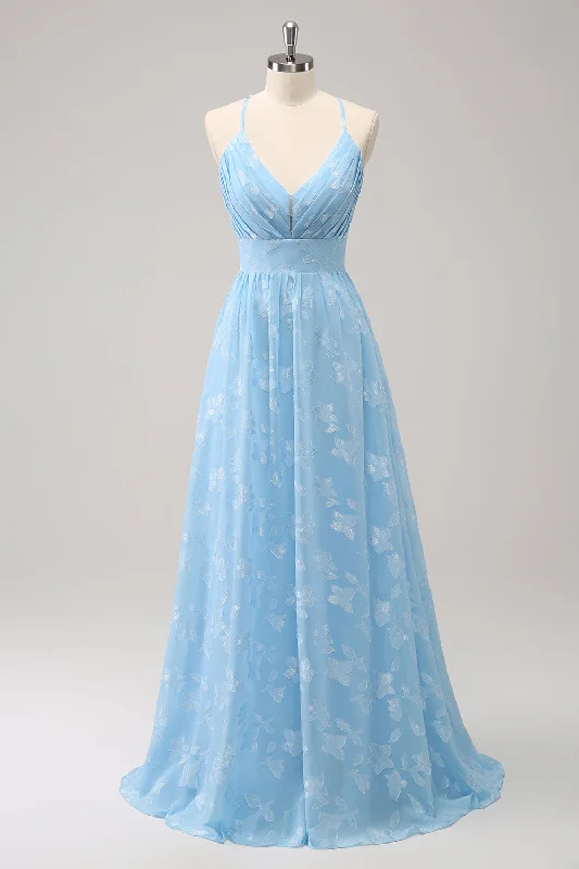 Party Dresses with Sequined Floral Motifs and Satin Ribbon Detailing for Ladies' Elegant and Delicate LookSparkly Light Blue V-Neck Pleated Bridesmaid Dress with Embroidery