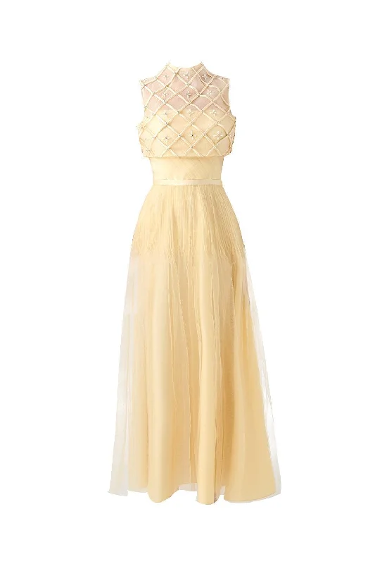 Off - the - shoulder midi dress for a flirty and romantic lookSpencer A-line High Neck Mesh Silk Midi Dress