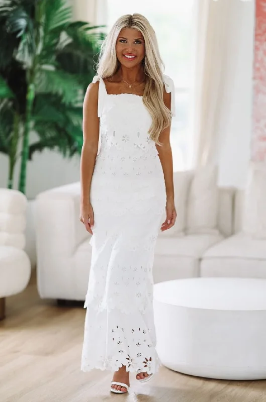 Party Dresses with Sheer Sleeve and Sequined Cuffs and Bow at the Waist and Embroidered Skirt for Ladies' Elegant and Intricate LookSpotlight Maxi Dress - White