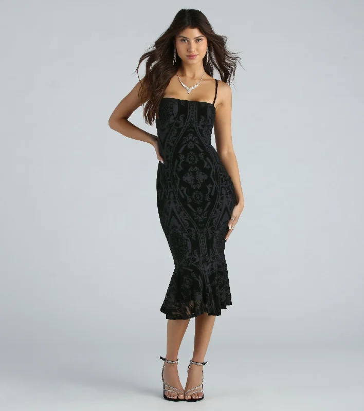 Maxi - length midi dress with a flowing silhouetteStep Out In Flocked Velvet Ruffle Midi Dress