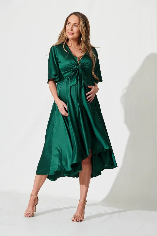 Party Dresses with Ruffled Hem and Bow at the Waist and Satin Ribbon for Ladies' Sweet and Feminine LookStockholm Dress In Emerald Green Satin