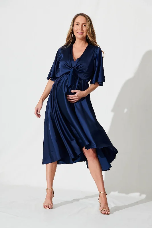 Taffeta Party Dresses with Pleated Bodice for Ladies' Structured and Formal LookStockholm Dress In Navy Satin