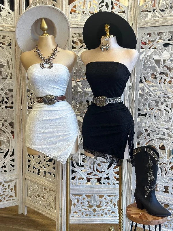Party Dresses with Rhinestone Embellishments and Sheer Sleeves for Ladies' Luxurious and Alluring LookStrapless Lace Ruched Mini Dress - Estira, Stretchy