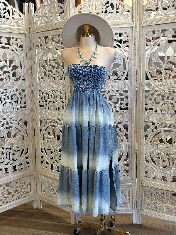 Organza Party Dresses with Sparkly Appliques for Ladies' Delicate and Dreamy LookStrapless Smocked Denim Ombree Dress - Estira, Stretchy Organza Party Dresses with Sparkly Appliques for Ladies' Delicate and Dreamy LookStrapless Smocked Denim Ombree Dress - Estira, Stretchy