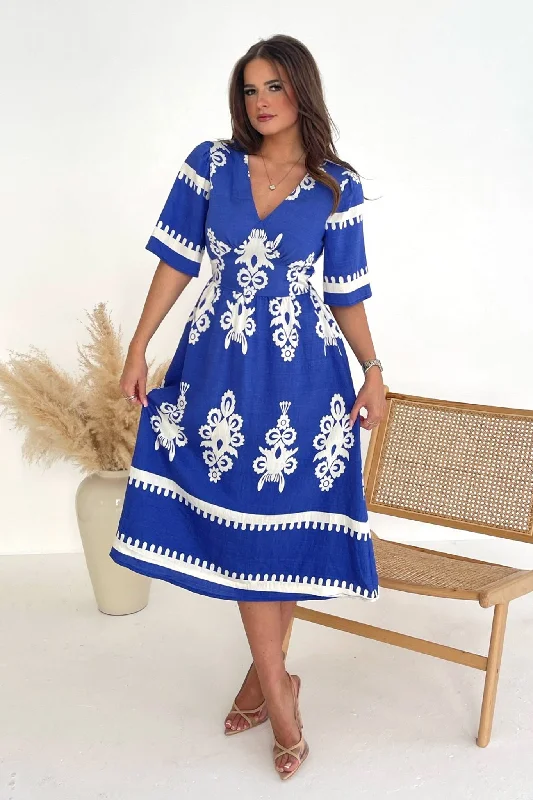 Floral print chiffon midi dress for a feminine and elegant lookSuzanne Cobalt Boarder Midi Dress Floral print chiffon midi dress for a feminine and elegant lookSuzanne Cobalt Boarder Midi Dress