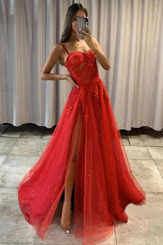 Party Dresses with Satin Trimmed Collar and Bow Back and Embroidered Skirt for Ladies' Classic and Intricate LookSweetheart A-line Red Lace Sparkly Tulle Prom Dresses Formal Dresses PSK372