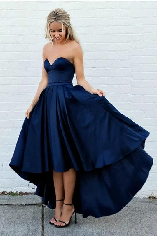 Party Dresses with Sheer Panels and Beaded Trim and Bow at the Back for Ladies' Sexy and Polished LookSweetheart Navy Blue High Low Prom Dresses Homecoming Dresses  PD415