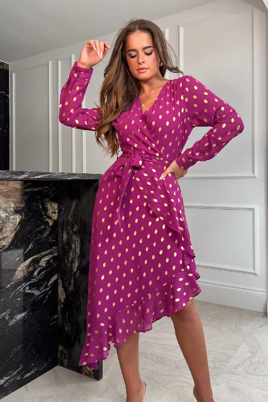 Maxi - length midi dress with a flowing silhouetteTanya Plum & Gold Colour Foil Asymmetric Midi Dress