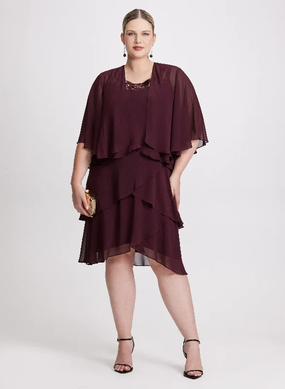 Party Dresses with Tulle Overlay and Beaded Bodice and High Low Hem for Ladies' Dramatic and Graceful LookTiered Dress & Open Flutter Jacket Set