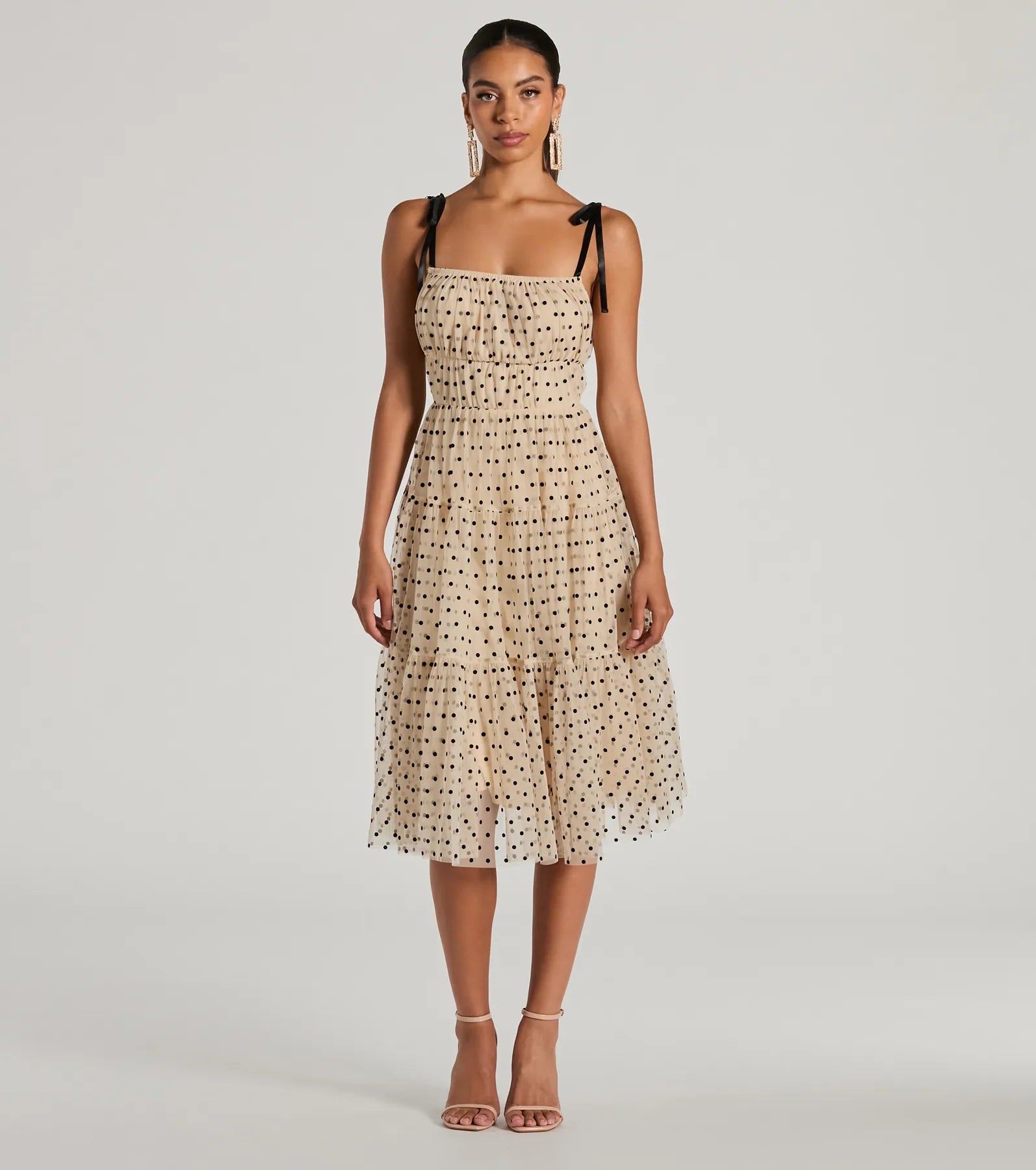 Bell - sleeve midi dress for a bohemian and stylish appearanceTimeless Look Bow Strap Polka Dot Tulle Midi Dress Bell - sleeve midi dress for a bohemian and stylish appearanceTimeless Look Bow Strap Polka Dot Tulle Midi Dress