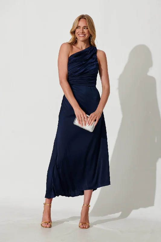 Party Dresses with Ruffled Sleeveless Top and Sequined Bodice and Tulle Skirt for Ladies' Dramatic and Glamorous LookToulon One Shoulder Maxi Dress In Navy