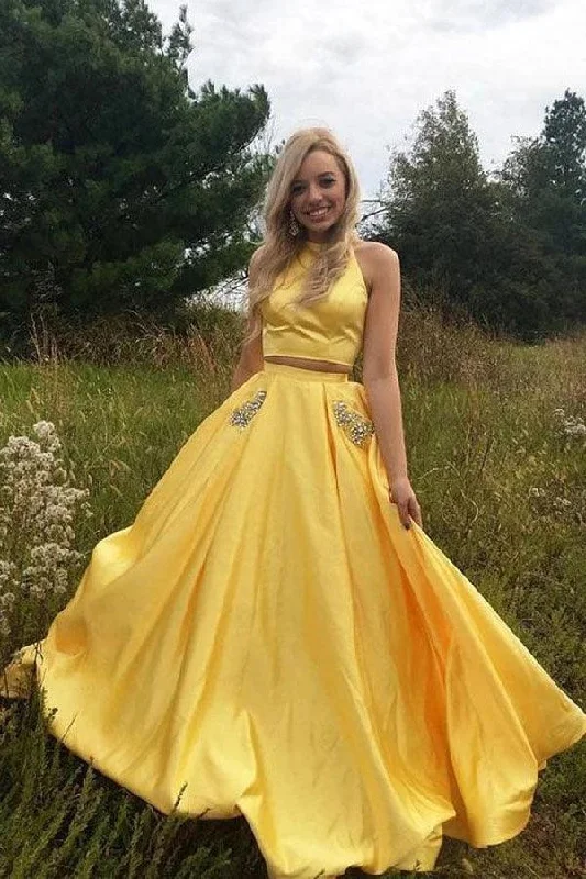 Long Party Dresses with Train for Ladies' Red Carpet EventsTwo Piece Halter Neck Satin Long Prom Dress With Beading Pocket PSK374