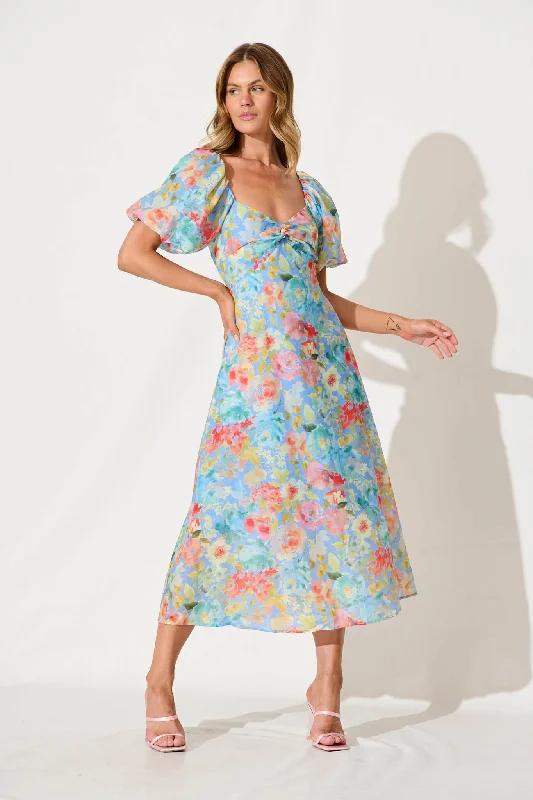 Midi dress for a city break to explore in style and comfortVale Midi Dress In Blue With Multi Floral Cotton Blend Midi dress for a city break to explore in style and comfortVale Midi Dress In Blue With Multi Floral Cotton Blend