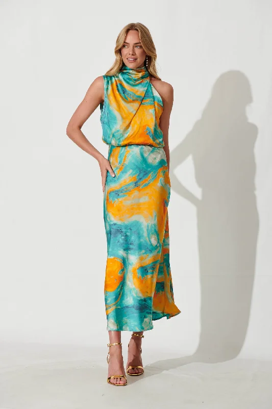 Party Dresses with Sequined Geometric Shapes and Lace and Chiffon Blend and Ruffled Sleeves for Ladies' Modern and Dramatic LookVisions Maxi Dress In Aqua With Orange Watercolour Satin