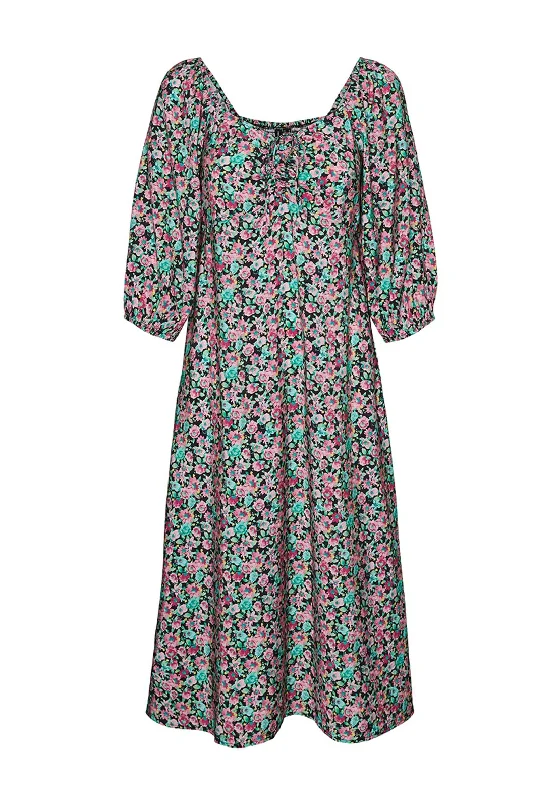 Midi dress for a beach vacation when paired with a swimsuit cover - upVero Moda Nico Floral Print Midi Dress, Black Multi Midi dress for a beach vacation when paired with a swimsuit cover - upVero Moda Nico Floral Print Midi Dress, Black Multi