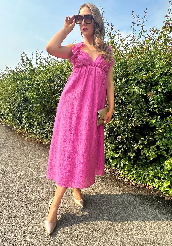 Stretch - fabric midi dress for a flexible and body - hugging fitVero Moda Frill Shoulder Midi Dress, Phlox Pink Stretch - fabric midi dress for a flexible and body - hugging fitVero Moda Frill Shoulder Midi Dress, Phlox Pink