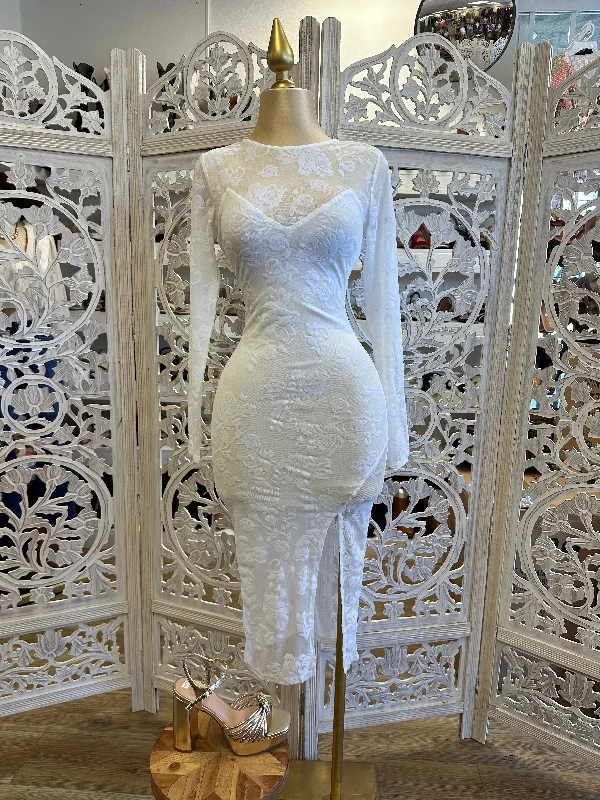 Midi dress for a school event such as a sports day or field tripWhite Flower Mesh Slit Midi Dress- Stretchy Midi dress for a school event such as a sports day or field tripWhite Flower Mesh Slit Midi Dress- Stretchy