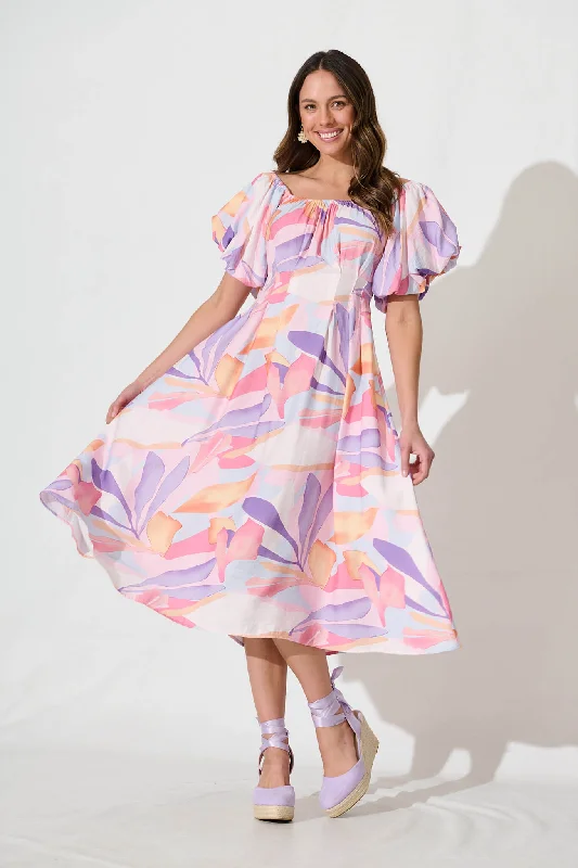 Bell - sleeve midi dress for a bohemian and stylish appearanceWilmette Midi Dress in Lilac and Multi Print Bell - sleeve midi dress for a bohemian and stylish appearanceWilmette Midi Dress in Lilac and Multi Print