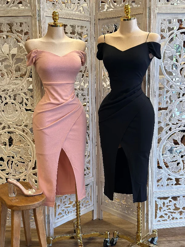 Vintage - inspired 50s midi dress with a classic silhouetteWrapped Off Shoulder Midi Dress- Stretchy Vintage - inspired 50s midi dress with a classic silhouetteWrapped Off Shoulder Midi Dress- Stretchy