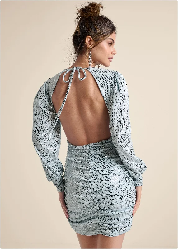 Plunging Neckline Party Dresses with Sequined Trim for Ladies' Glamorous EventsOpen-Back Shimmer Dress - Blue Metallic Plunging Neckline Party Dresses with Sequined Trim for Ladies' Glamorous EventsOpen-Back Shimmer Dress - Blue Metallic