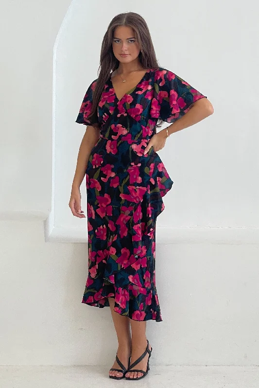Cold - shoulder midi dress for a trendy and modern styleYara Floral V Neck Frill Midi Dress Cold - shoulder midi dress for a trendy and modern styleYara Floral V Neck Frill Midi Dress