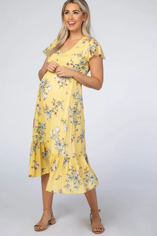 Long Sleeve Knit Dresses for Ladies' Winter ComfortYellow Floral Flounce Sleeve Midi Maternity Dress Long Sleeve Knit Dresses for Ladies' Winter ComfortYellow Floral Flounce Sleeve Midi Maternity Dress