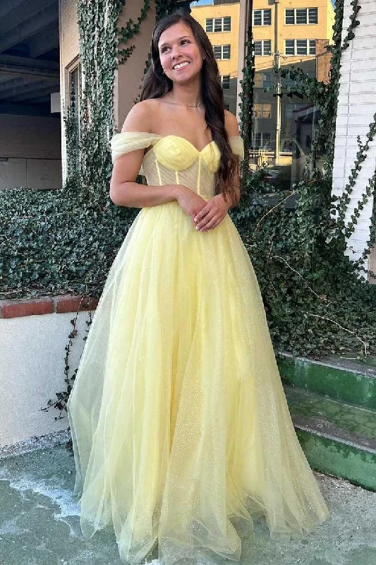 Party Dresses with Satin and Lace Trimmed Neckline and Ruffled Sleeves for Ladies' Sophisticated and Girly LookYellow Off-the-Shoulder Bustier A-Line Tulle Prom Dress Formal Dress PSK376