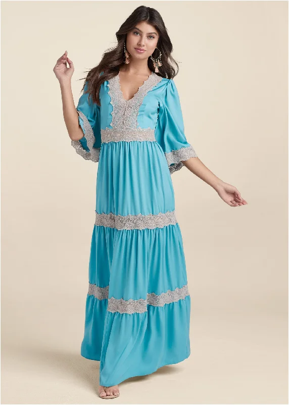 Party Dresses with Embroidered Stars and Sequined Dots and Sheer Sleeve for Ladies' Celestial and Elegant LookLace Detail Maxi Dress - Aqua Multi