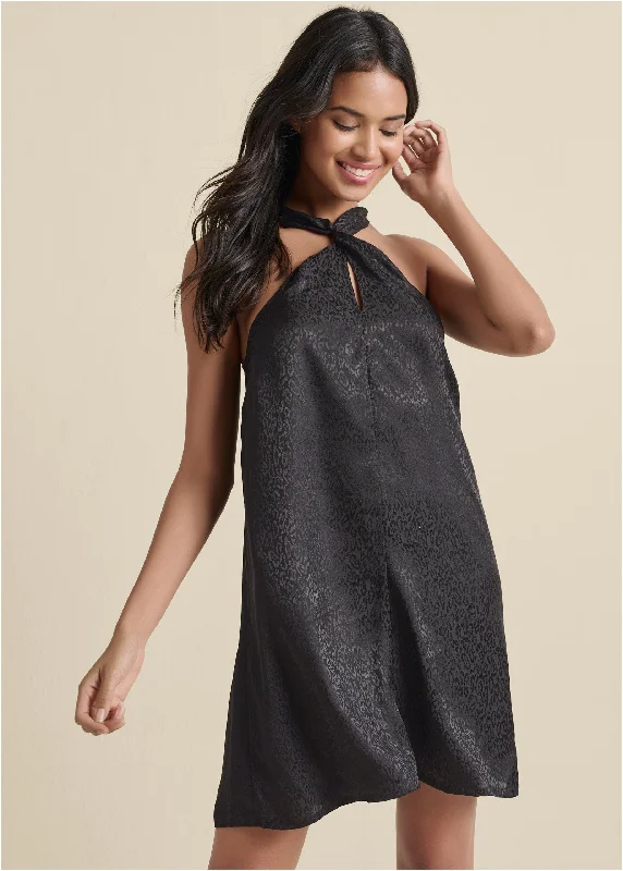 Party Dresses with Pleated Tulle Skirt and Sequined Geometric Shapes for Ladies' Princess and Modern LookTwist Front Jacquard Dress - Black
