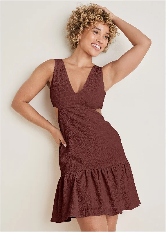 Tulle Party Dresses with Beaded Waistband for Ladies' Defined Waist and Graceful LookFluted Satin Mini Dress - Auburn
