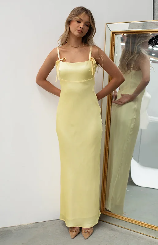 Bohemian Embroidered Party Dresses for Ladies' Beach PartiesZya Yellow Satin Maxi Dress