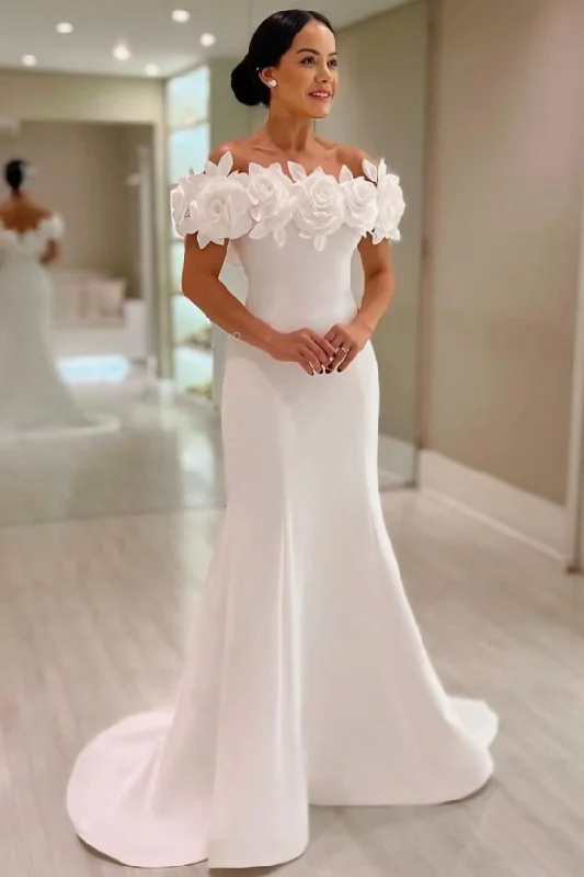 Empire - waisted tea - length wedding dress2025 Sheath Bridal Gown with Flowers Off-the-shoulder