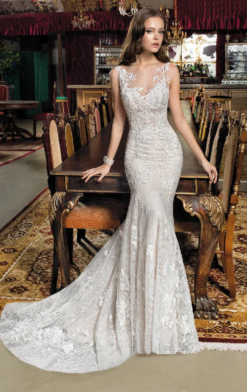 Embroidered illusion neckline wedding dress7939