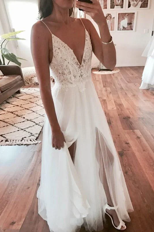 Military - inspired wedding dressLong Spaghetti Strap A-line V-Neck White Wedding Dress with Lace