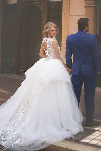 Strapless mermaid wedding dress for a sleek silhouetteA-Line Ball Gown Empire Mini Jewel Bell Empire Dropped Appliques Cathedral Train Tulle Dress