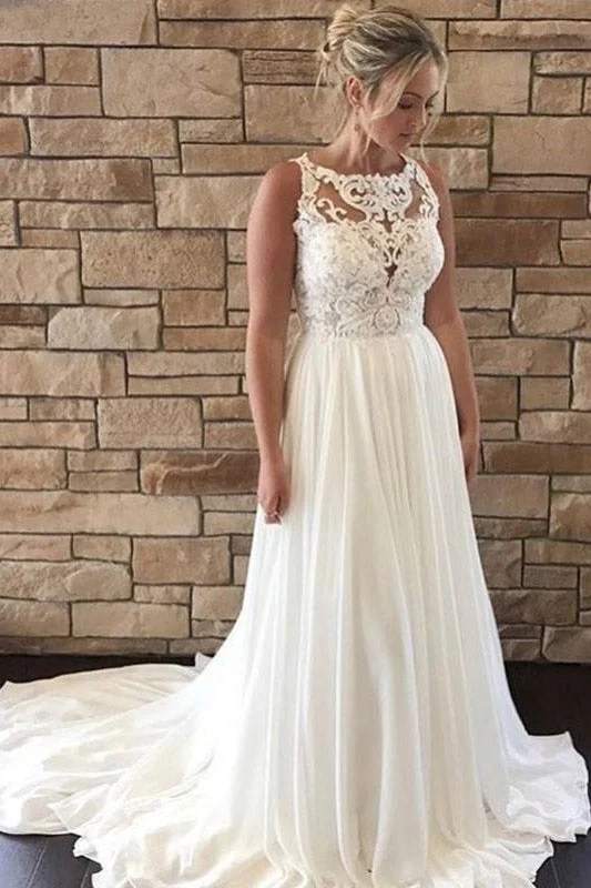 Embroidered illusion neckline wedding dressLong Jewel Neck A-line Ivory Wedding Dress with Lace